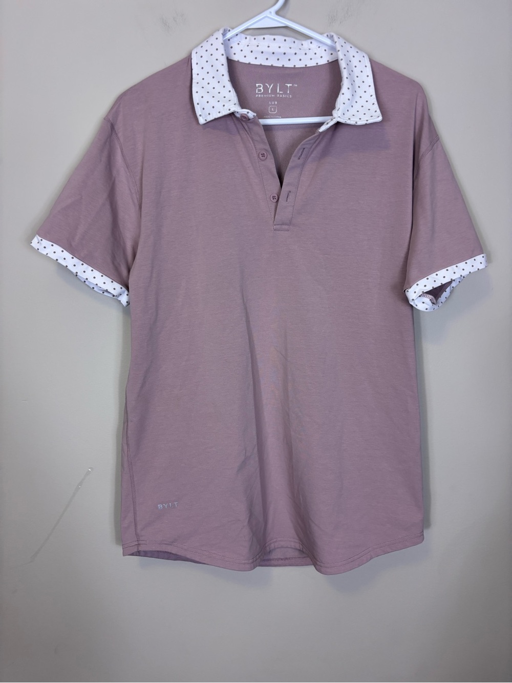 Bylt Men's Lux Mauve Pink Polo with White Polka Dot Trim Large